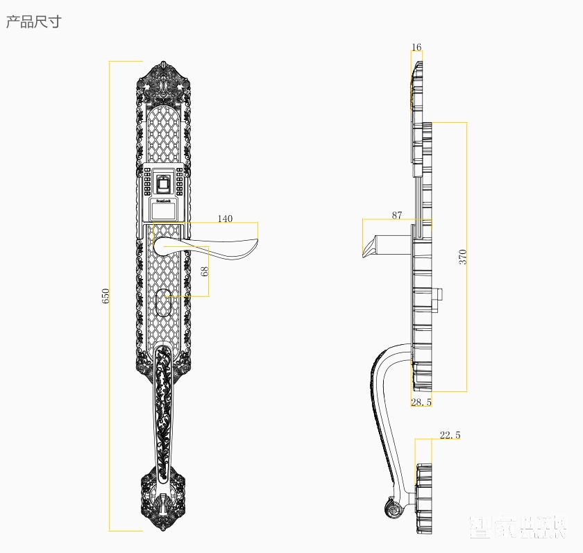 施肯洛克唯系列指纹锁/密码锁、滑盖、24K金、锌合金面板S-1587K