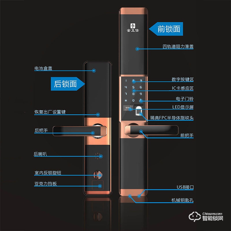 金卫仕智能锁 WS-I30滑盖指纹锁家用防盗锁密码电子锁