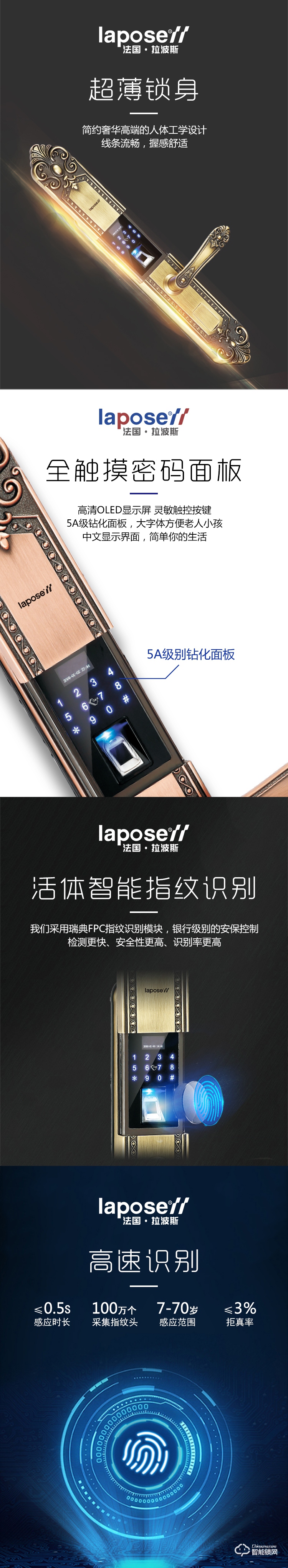 拉波斯智能锁 LP901欧式豪华智能门锁指纹密码锁