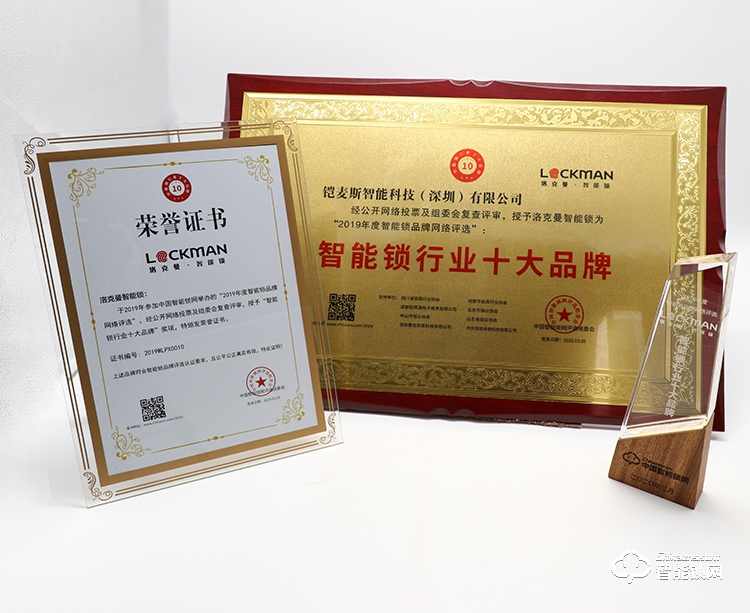 洛克曼荣膺“2019中国智能锁网十大品牌智能锁”称号！